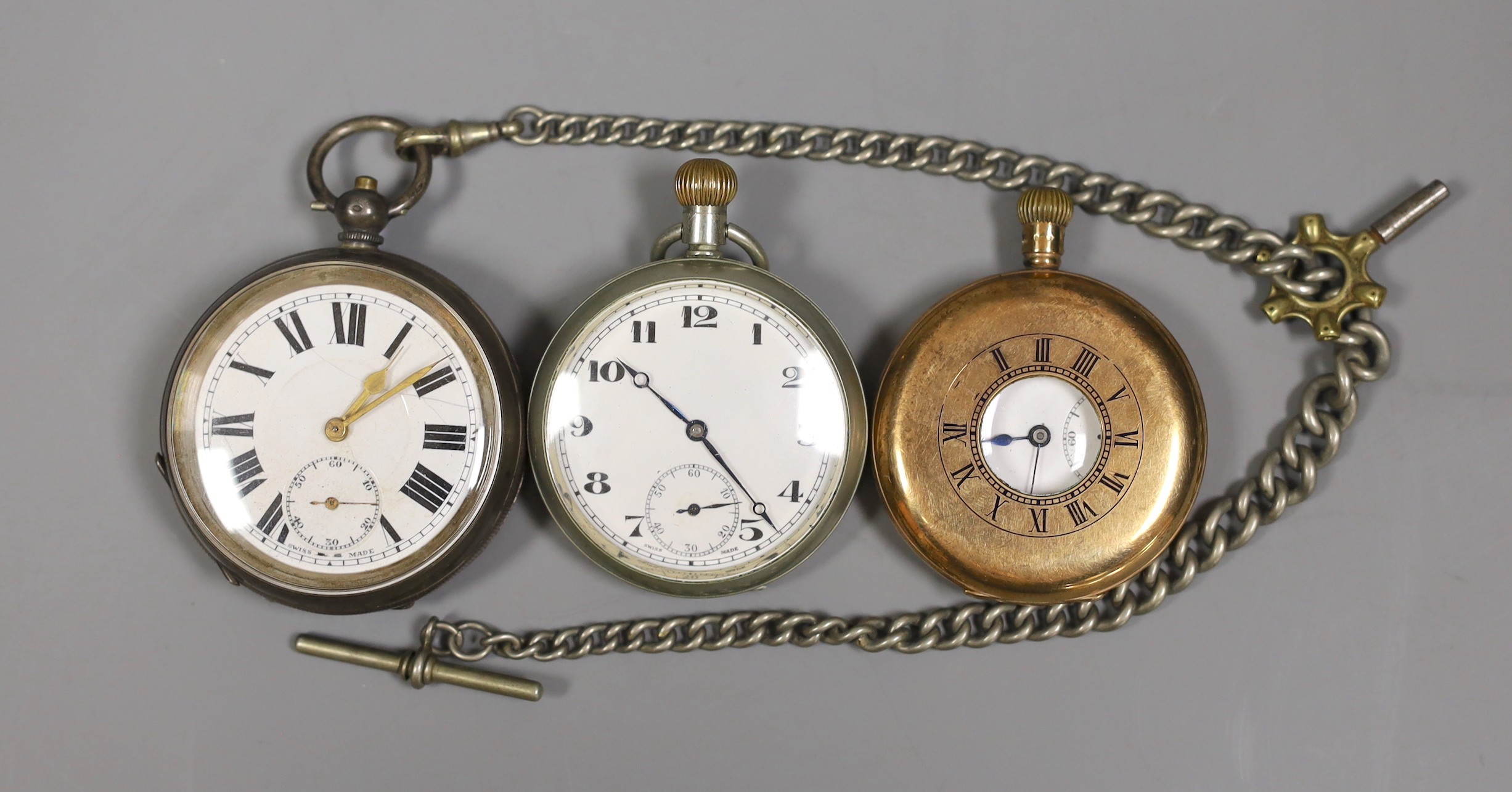 A 1920's 9ct gold half hunter keyless pocket watch by J.W. Benson, case diameter 48mm, gross weight 91.1 grams, together with an early 20th century silver open faced pocket watch, on a white metal albert and one other ba